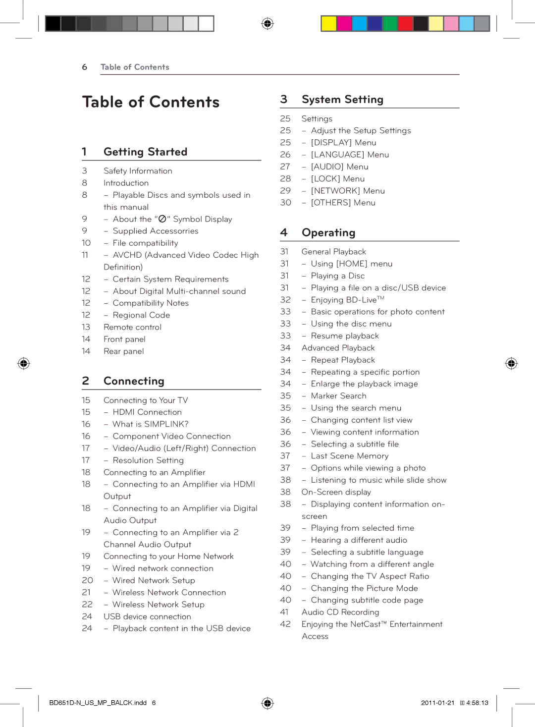 LG Electronics BD640 owner manual Table of Contents 