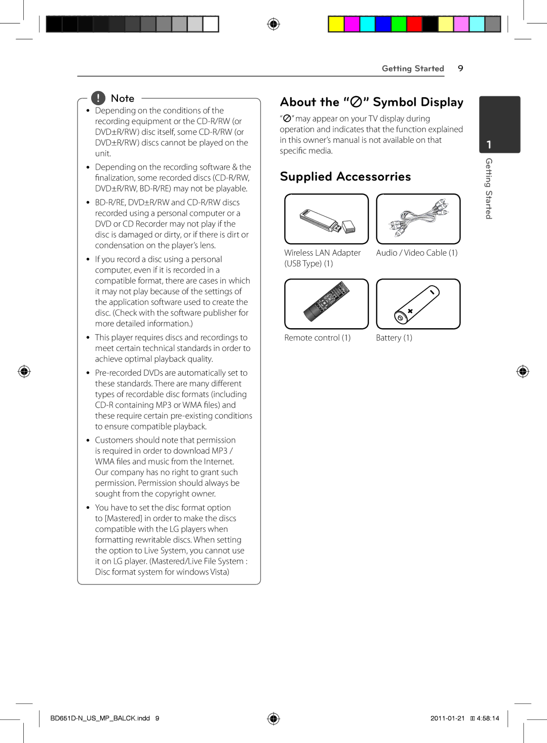 LG Electronics BD640 About the 7 Symbol Display Supplied Accessorries, Wireless LAN Adapter, USB Type Remote control 