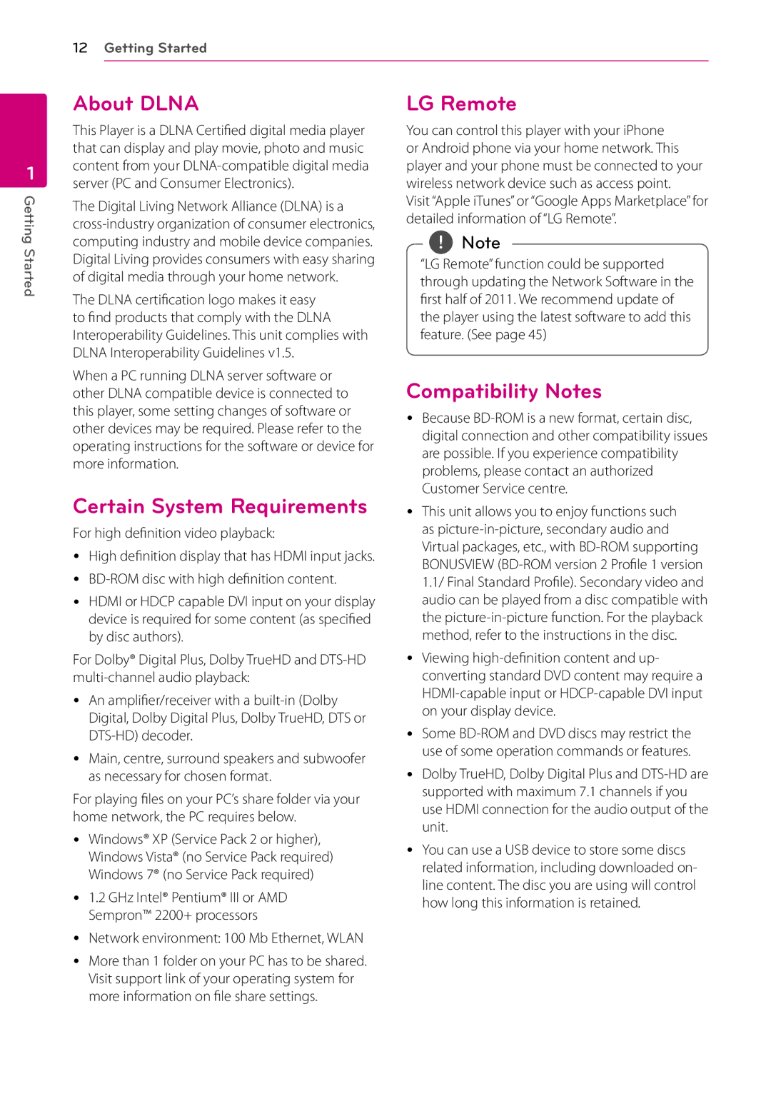 LG Electronics BD660 owner manual About Dlna, Certain System Requirements, LG Remote, Compatibility Notes 