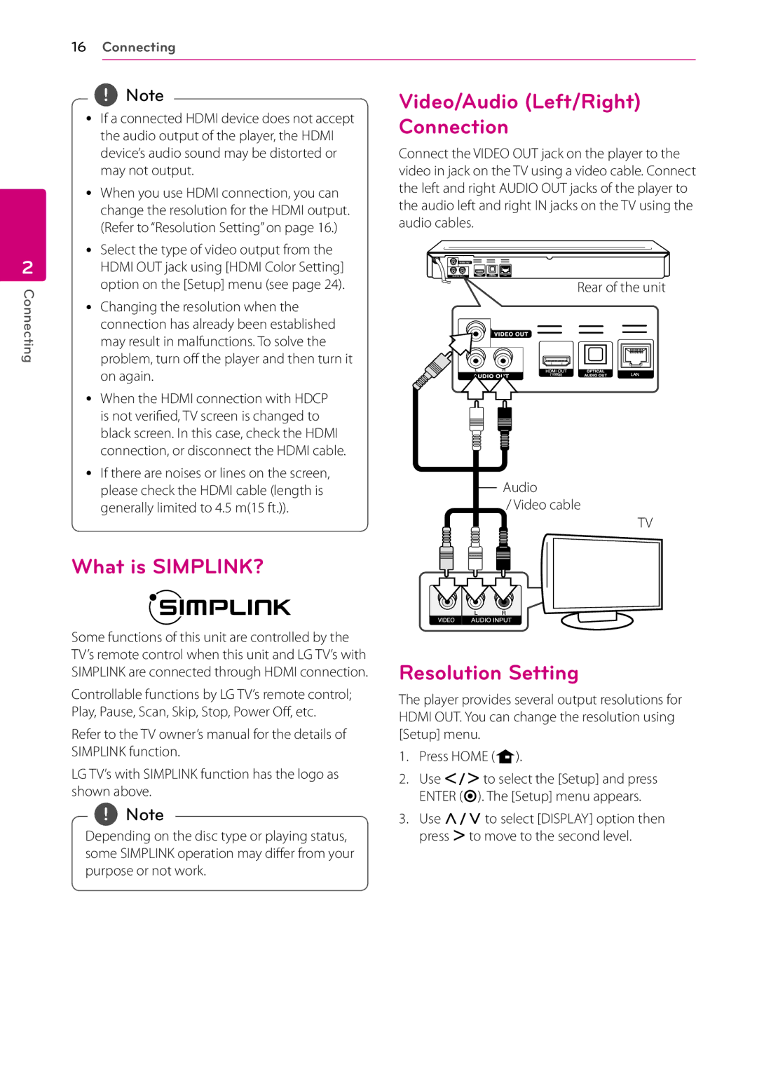 LG Electronics BD660 owner manual What is SIMPLINK?, Video/Audio Left/Right Connection, Resolution Setting 