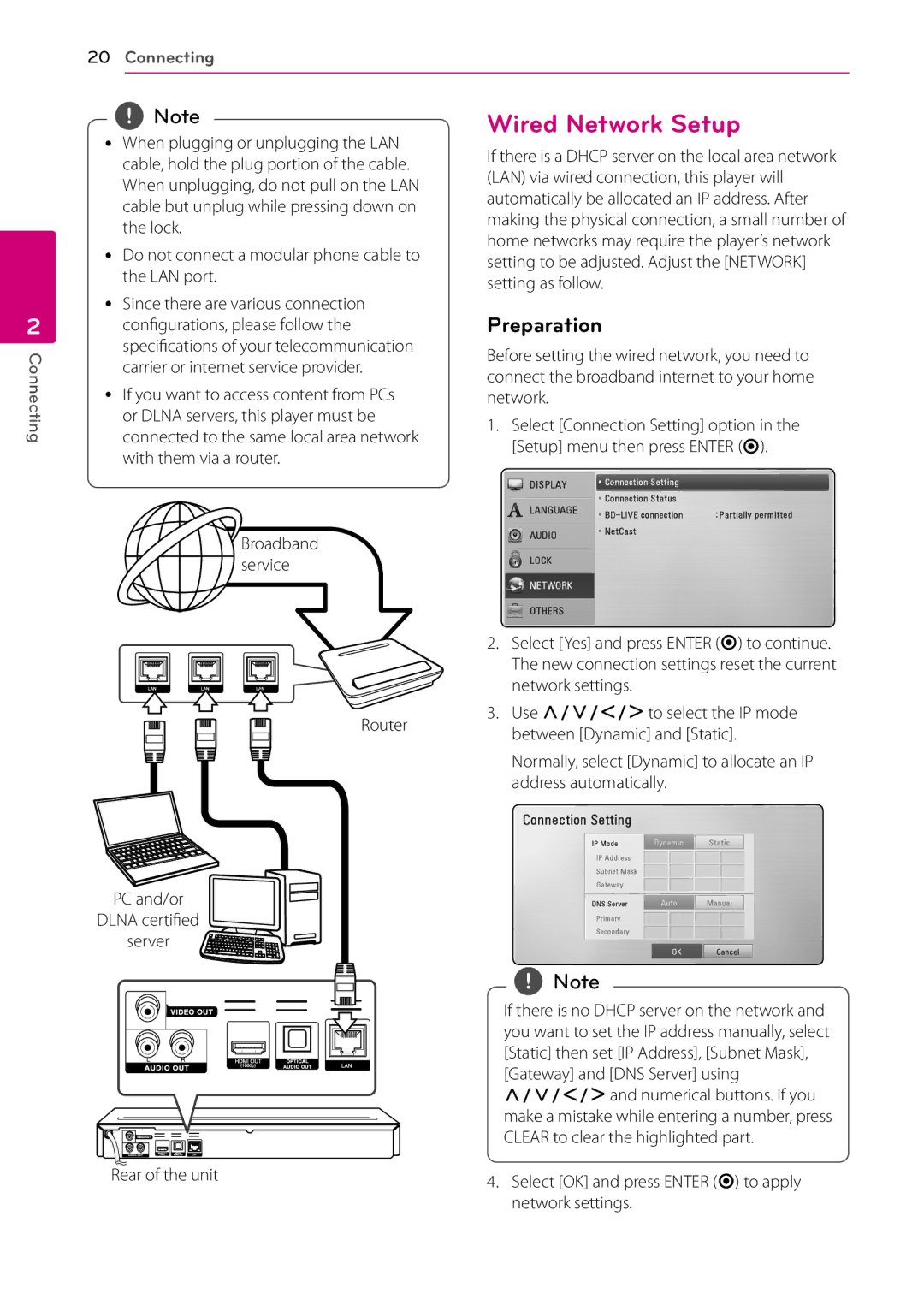 LG Electronics BD660 Wired Network Setup, Preparation, Router, Select OK and press Enter b to apply network settings 