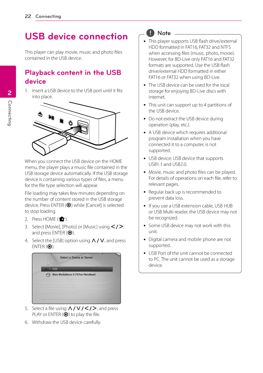 LG Electronics BD660 owner manual USB device connection, Playback content in the USB device 