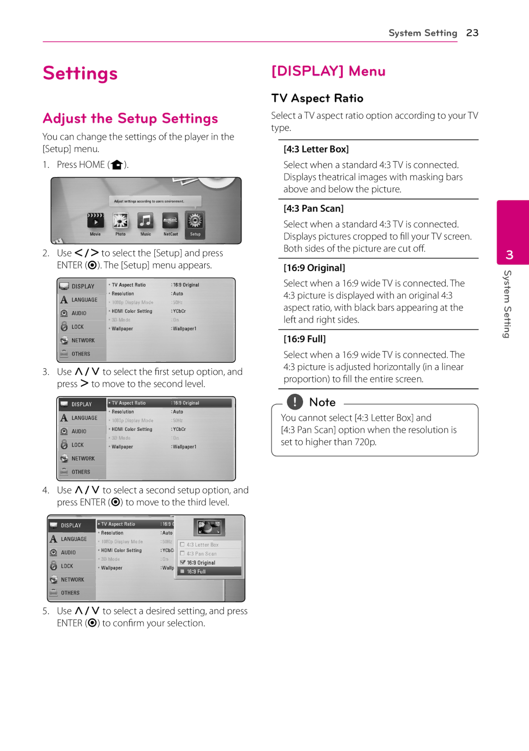 LG Electronics BD660 owner manual Adjust the Setup Settings, Display Menu, TV Aspect Ratio 