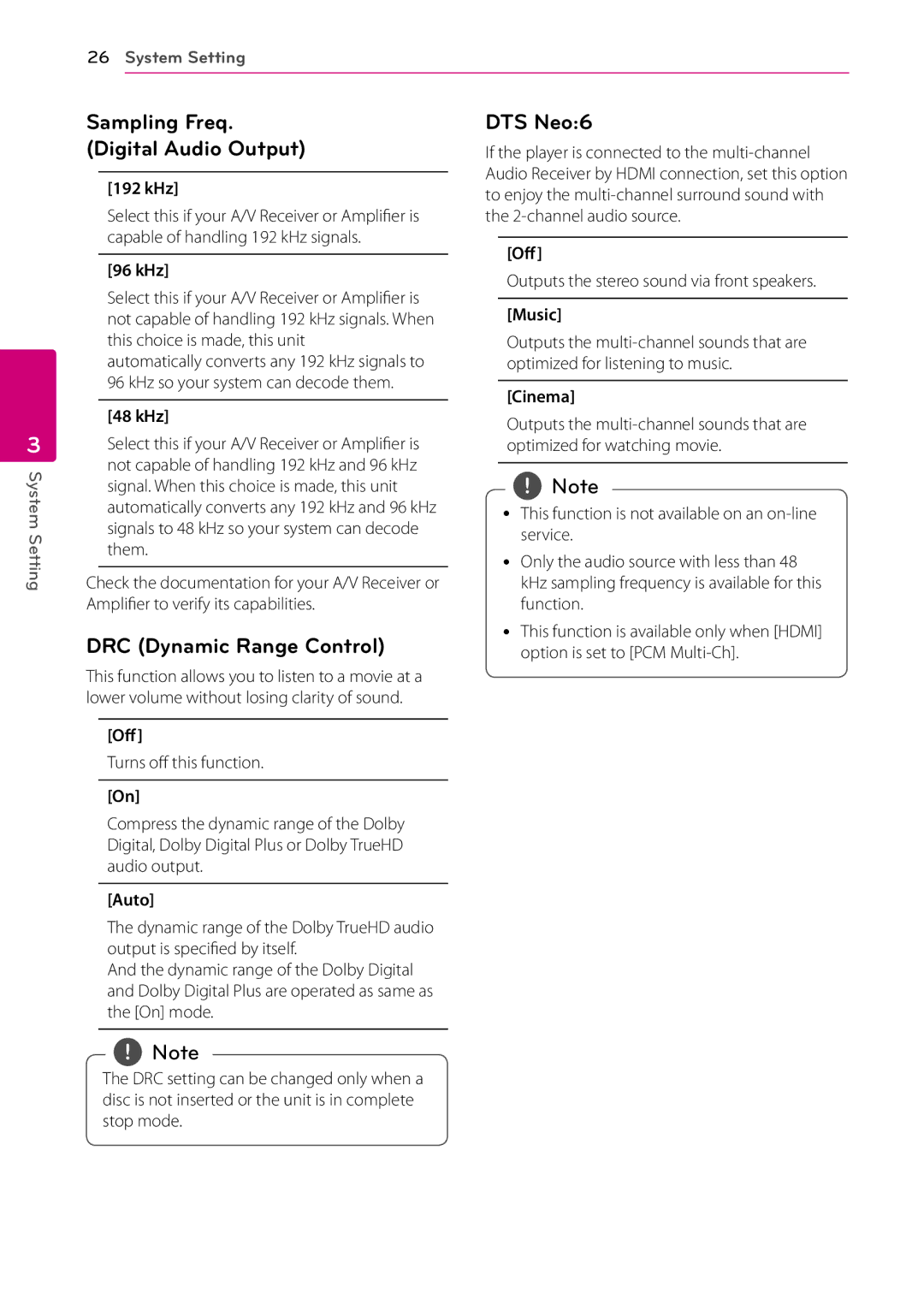 LG Electronics BD660 owner manual Sampling Freq Digital Audio Output, DRC Dynamic Range Control, DTS Neo6 