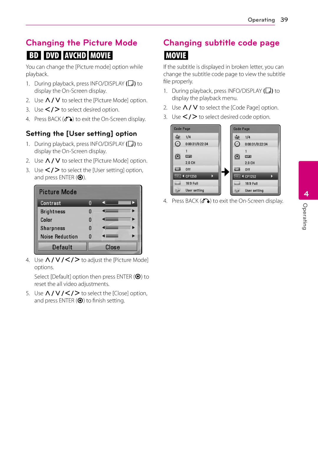 LG Electronics BD660 owner manual Changing the Picture Mode, Changing subtitle code, Setting the User setting option 