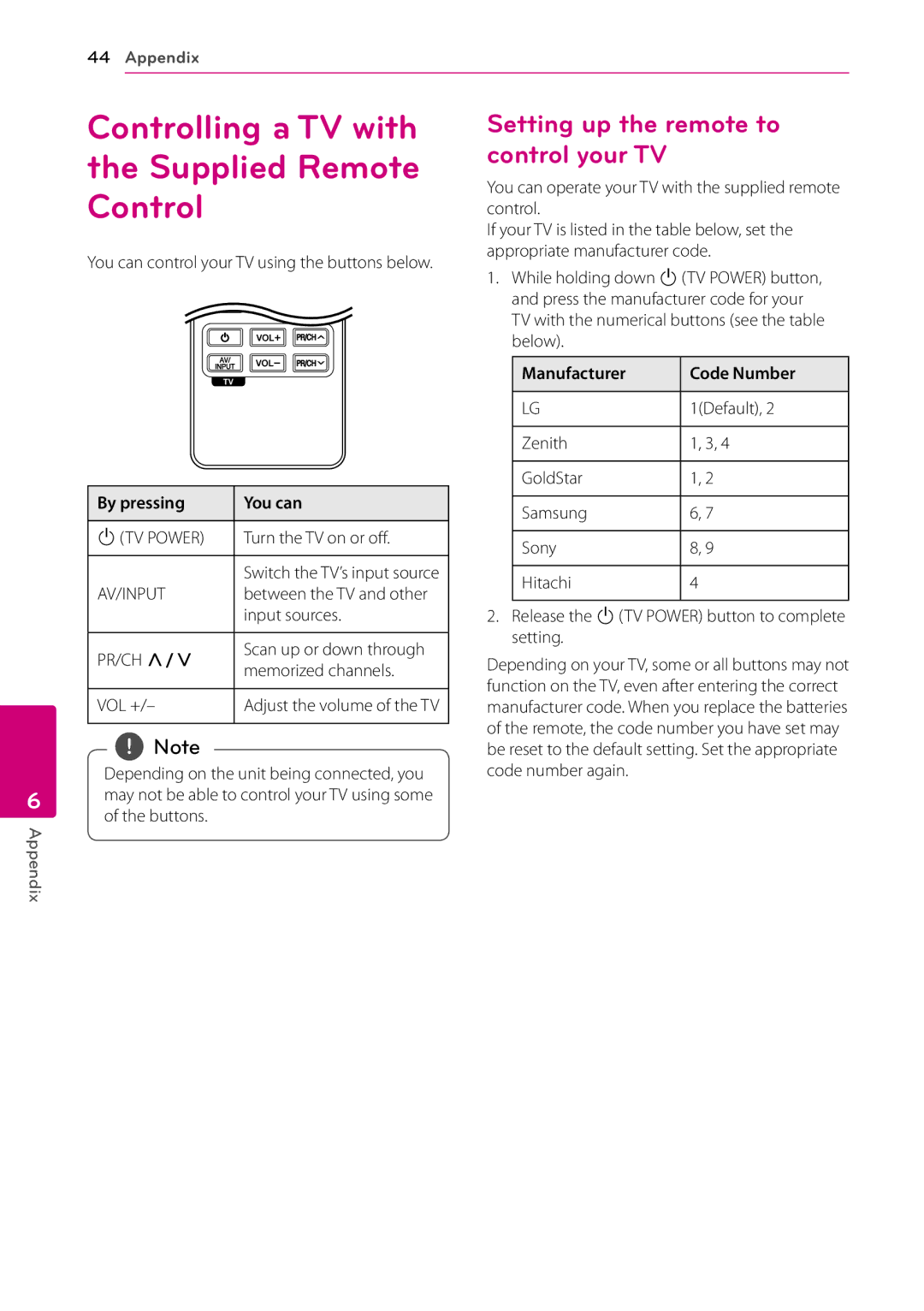 LG Electronics BD660 Controlling a TV with the Supplied Remote Control, Setting up the remote to control your TV 