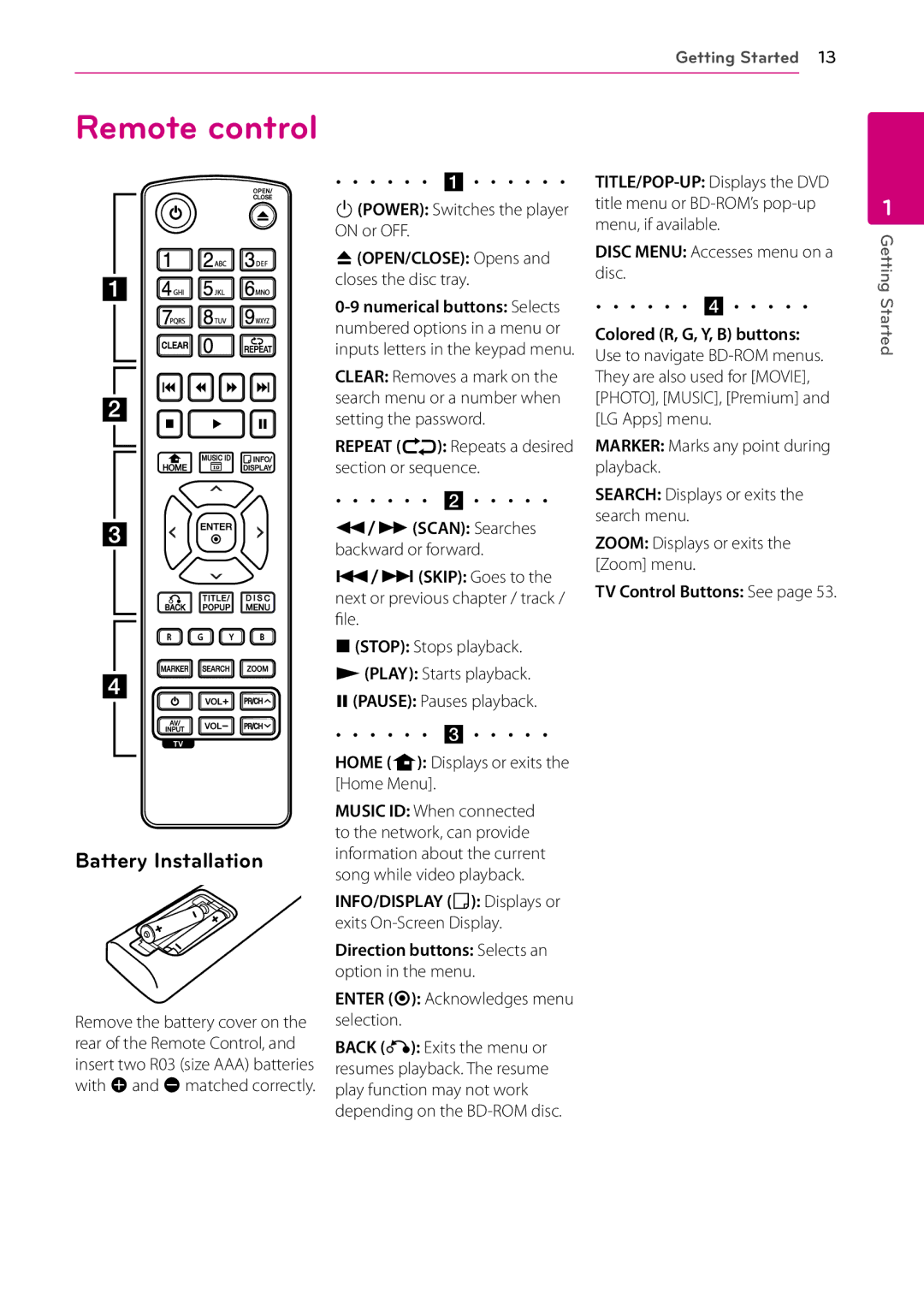 LG Electronics BD670 owner manual Remote control, Battery Installation, BOPEN/CLOSE Opens, TV Control Buttons See 