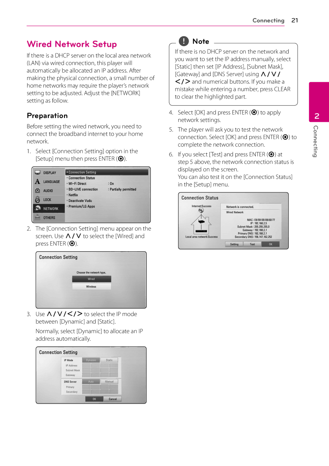 LG Electronics BD670 owner manual Wired Network Setup, Preparation, Select OK and press Enter b to apply network settings 