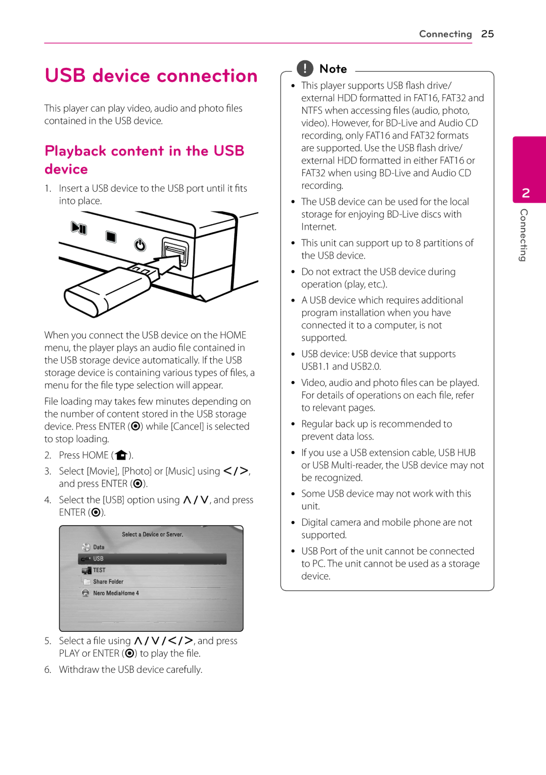 LG Electronics BD670 owner manual USB device connection, Playback content in the USB device 