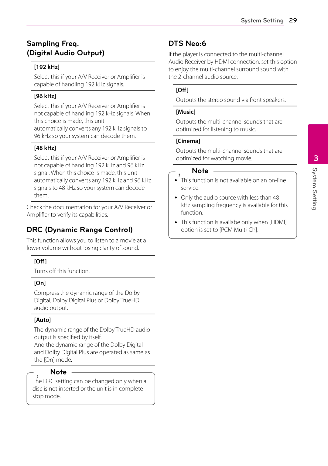 LG Electronics BD670 owner manual Sampling Freq Digital Audio Output, DRC Dynamic Range Control, DTS Neo6 