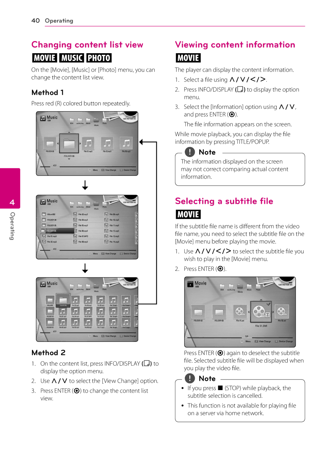 LG Electronics BD670 Changing content list view, Viewing content information, Selecting a subtitle file, Method 