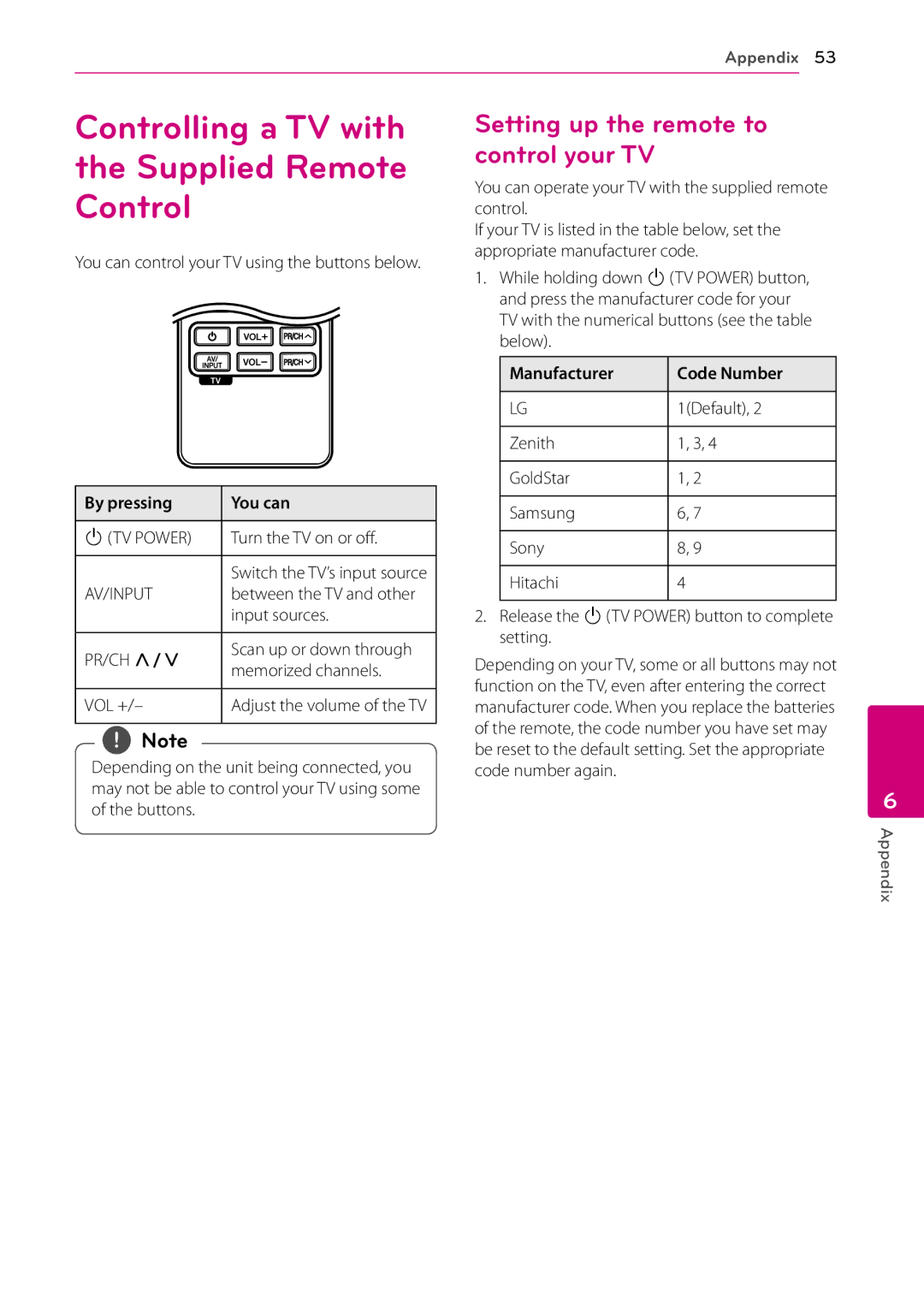 LG Electronics BD670 Controlling a TV with the Supplied Remote Control, Setting up the remote to control your TV 