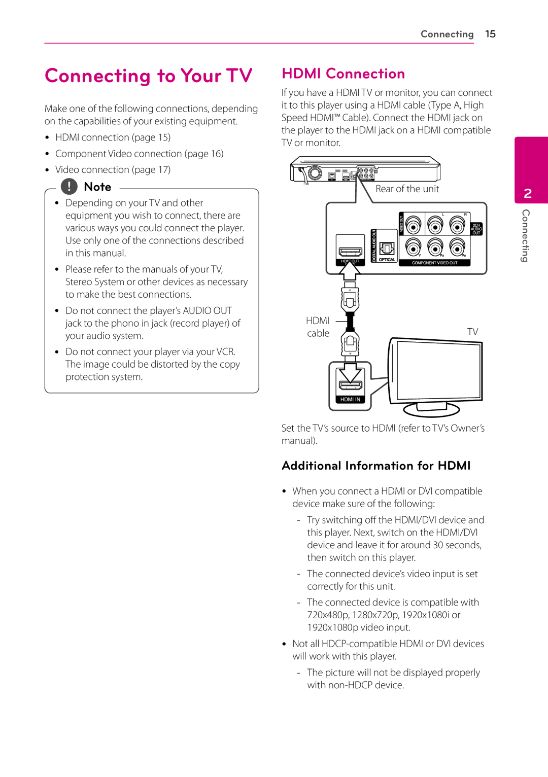 LG Electronics BD670 Connecting to Your TV, Hdmi Connection, Additional Information for Hdmi, Yy Hdmi connection 