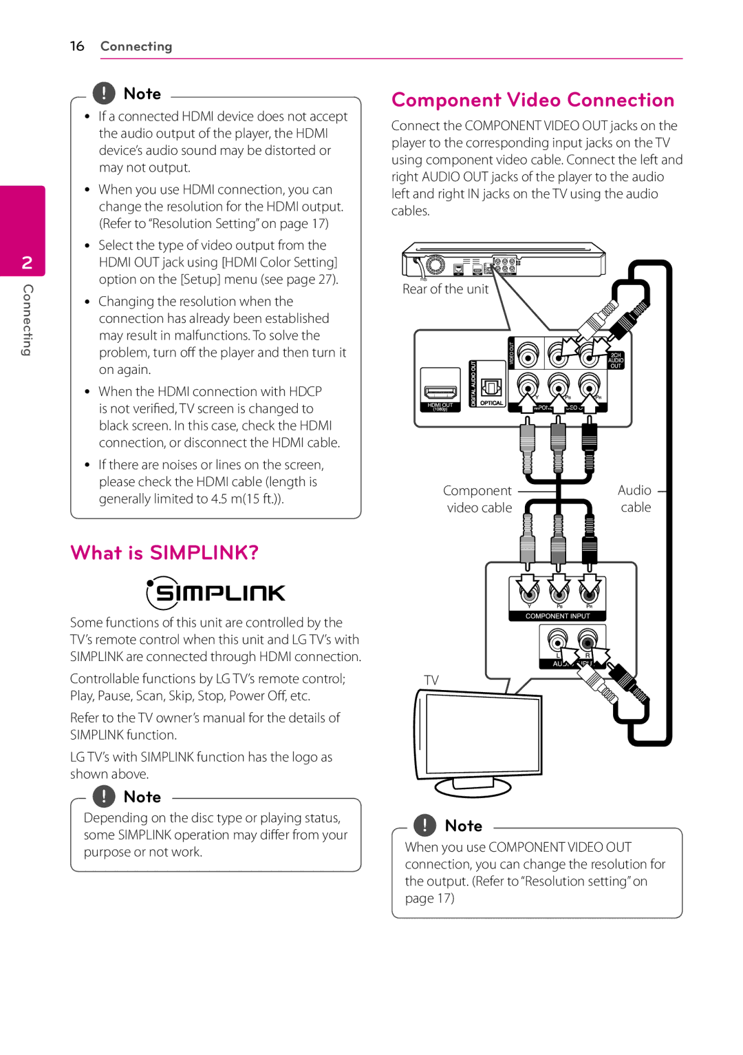 LG Electronics BD670 owner manual What is SIMPLINK?, Component Video Connection, Audio, Cable 