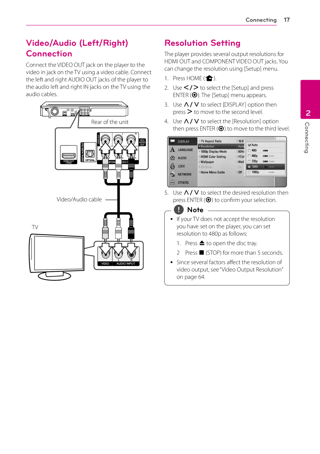 LG Electronics BD670 owner manual Video/Audio Left/Right Connection, Resolution Setting, Press Home n 