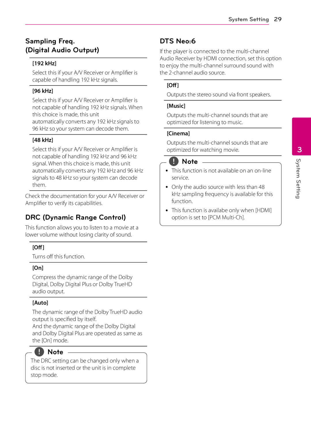 LG Electronics BD670 owner manual Sampling Freq Digital Audio Output, DRC Dynamic Range Control, DTS Neo6 