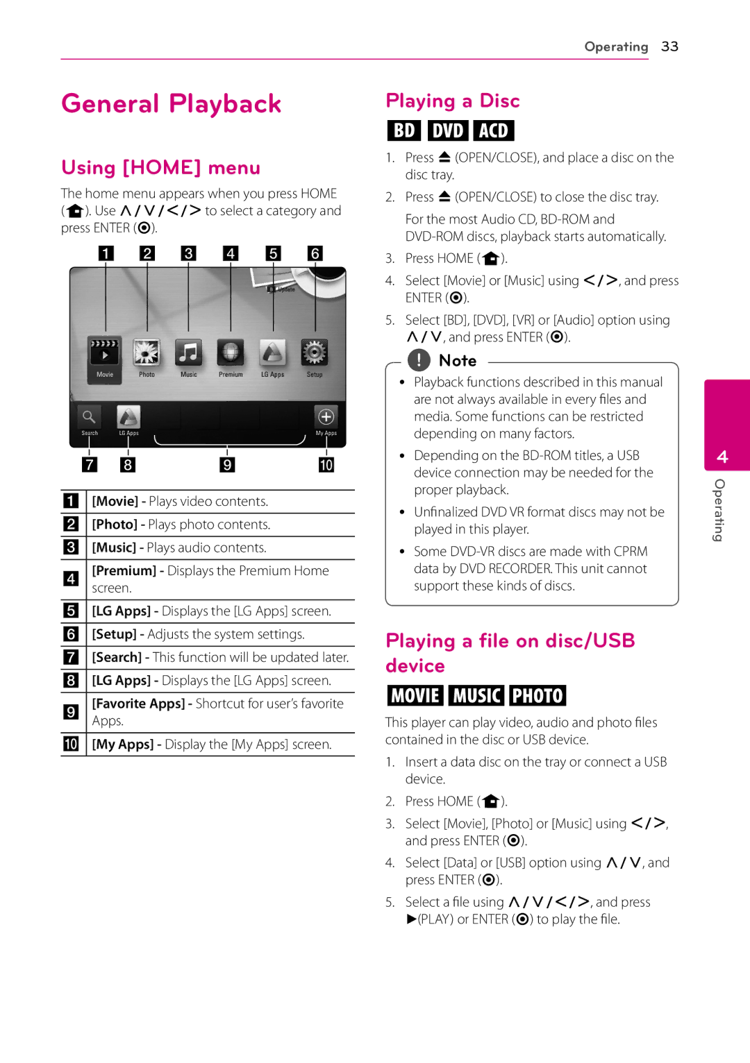 LG Electronics BD670 owner manual General Playback, Using Home menu, Playing a Disc, Playing a file on disc/USB device 