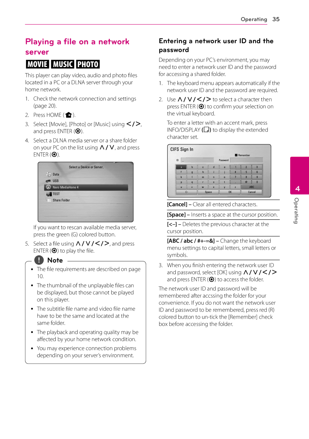 LG Electronics BD670 owner manual Playing a file on a network server, Entering a network user ID and the password 