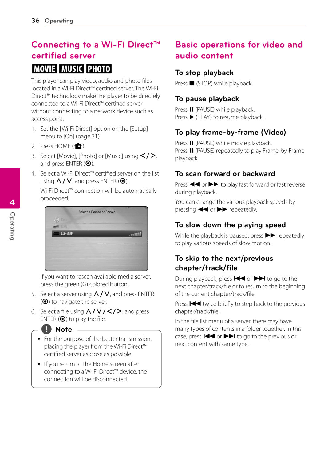 LG Electronics BD670 Connecting to a Wi-Fi Direct certified server, Basic operations for video and audio content 