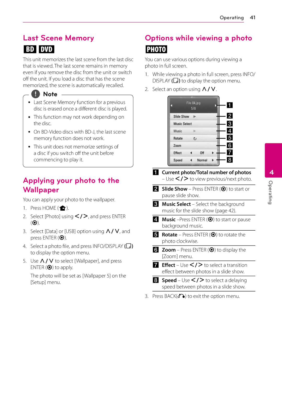 LG Electronics BD670 owner manual Last Scene Memory, Applying your photo to the Wallpaper, Options while viewing a photo 