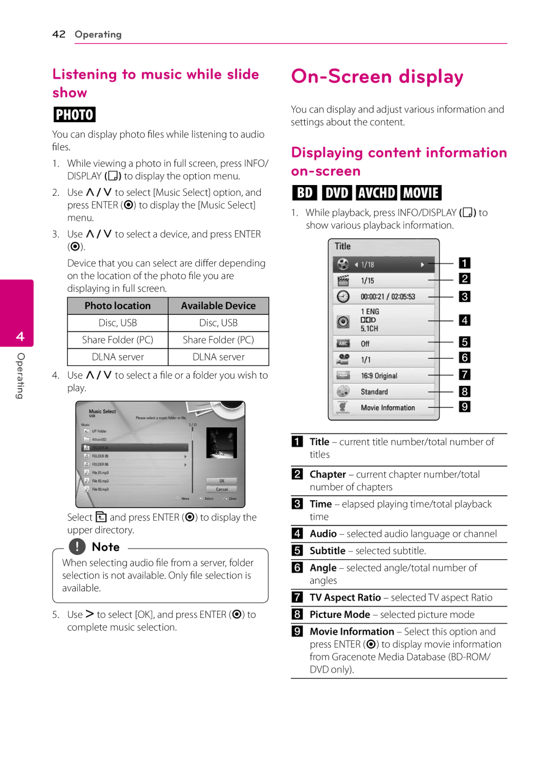 LG Electronics BD670 On-Screen display, Listening to music while slide show, Displaying content information on-screen 