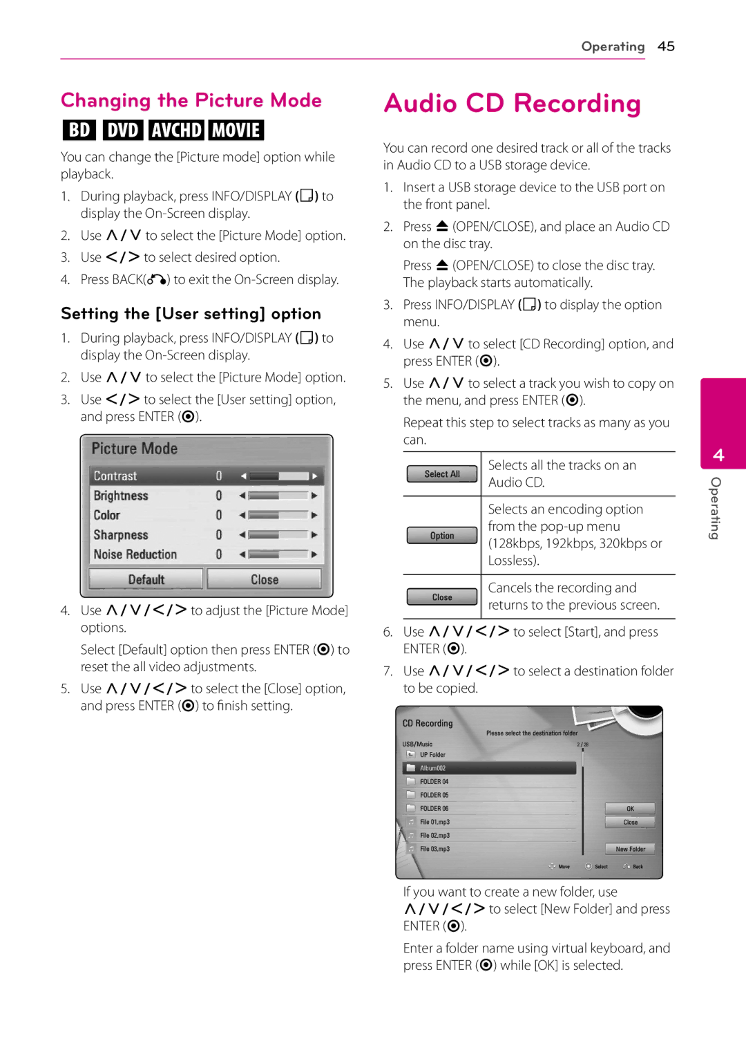 LG Electronics BD670 owner manual Audio CD Recording, Changing the Picture Mode, Setting the User setting option 