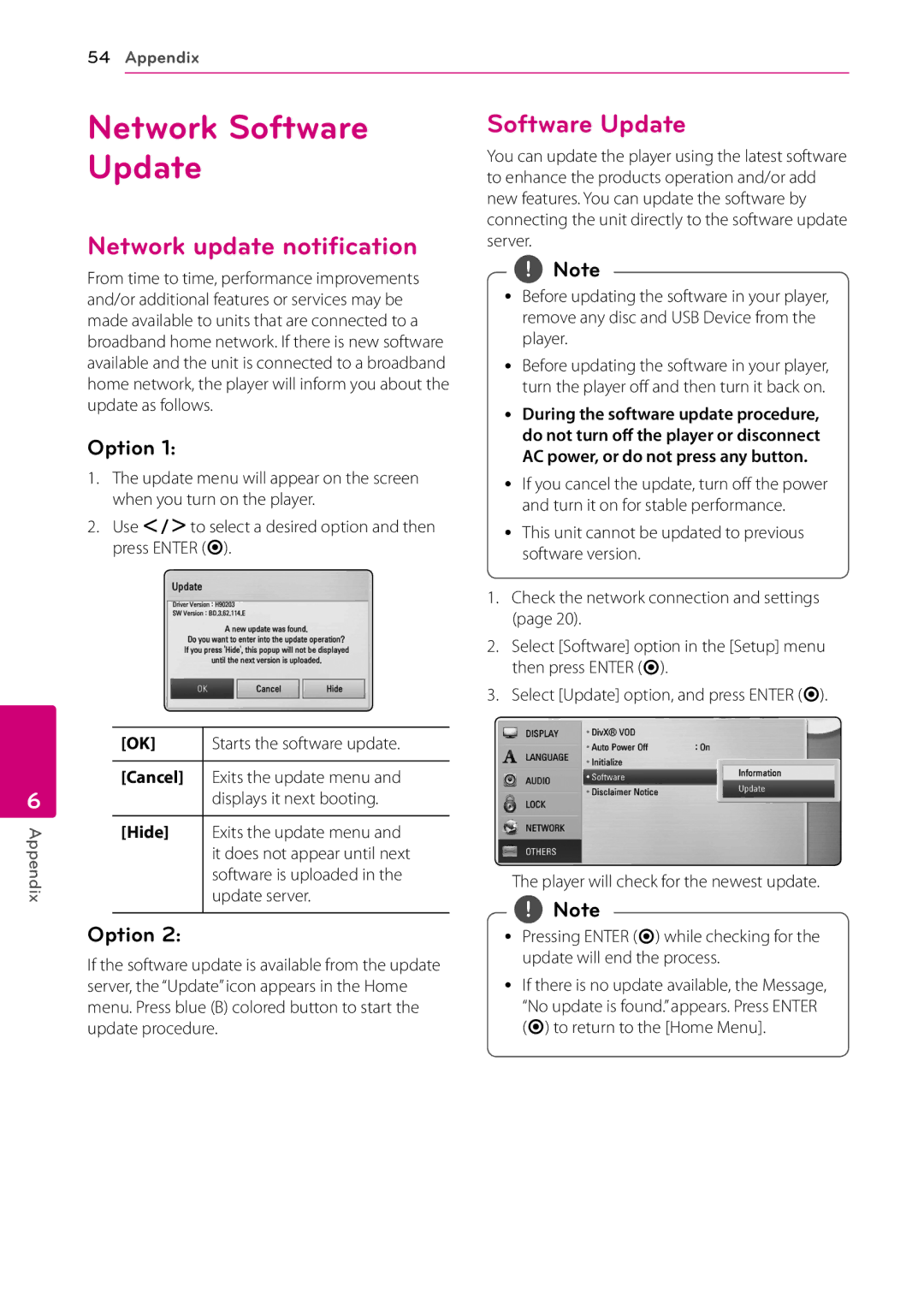 LG Electronics BD670 owner manual Network Software Update, Network update notification, Option 