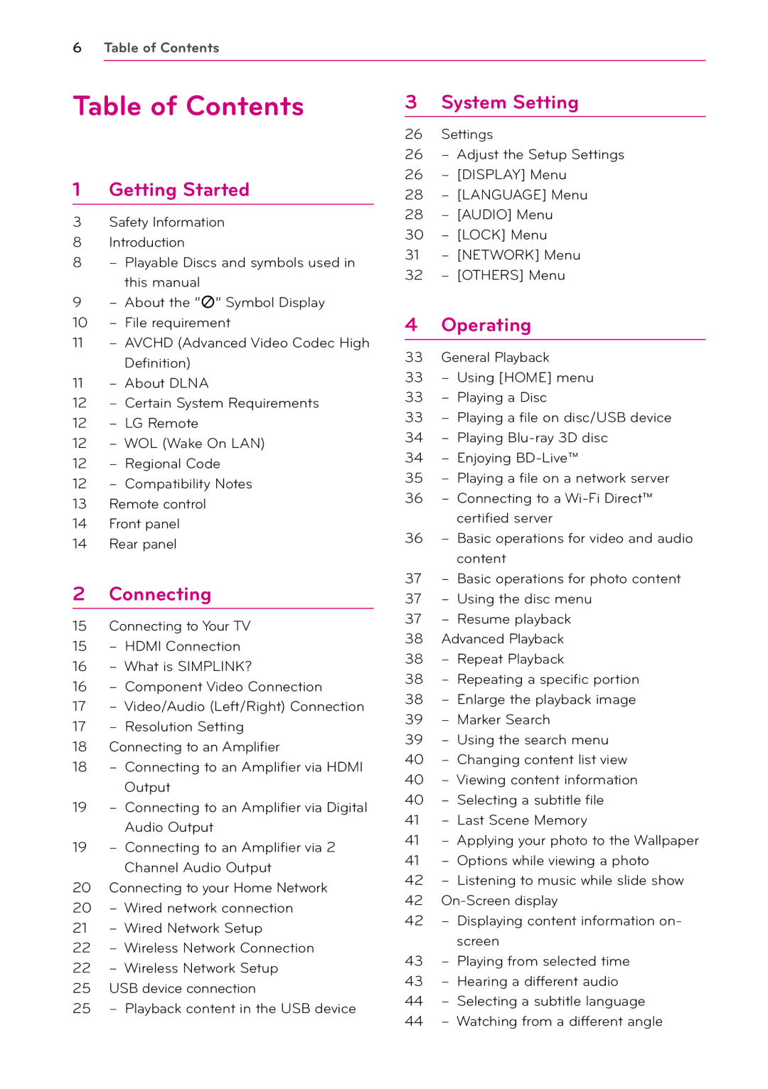 LG Electronics BD670 owner manual Table of Contents 