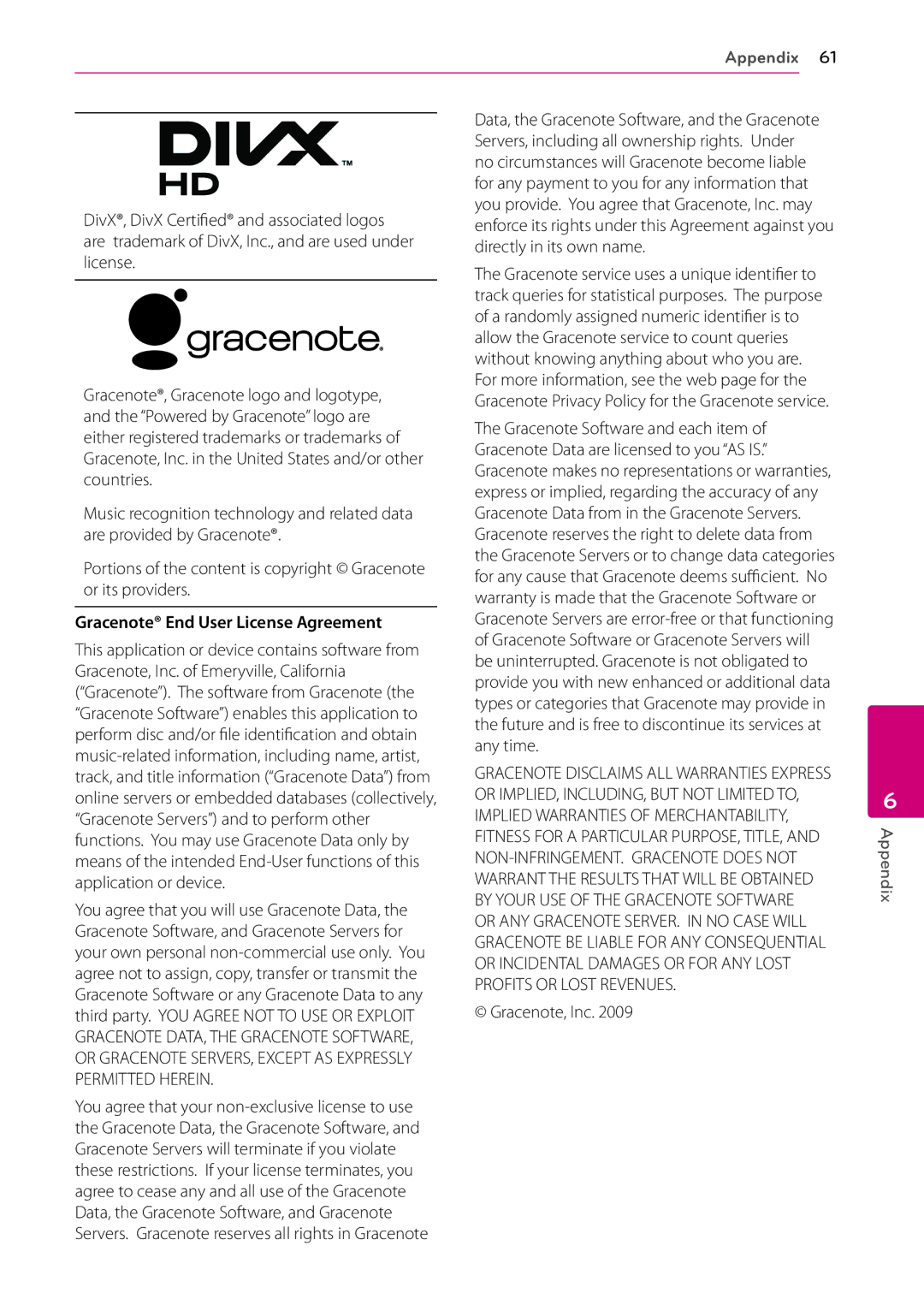 LG Electronics BD670 owner manual Gracenote End User License Agreement, Gracenote, Inc 