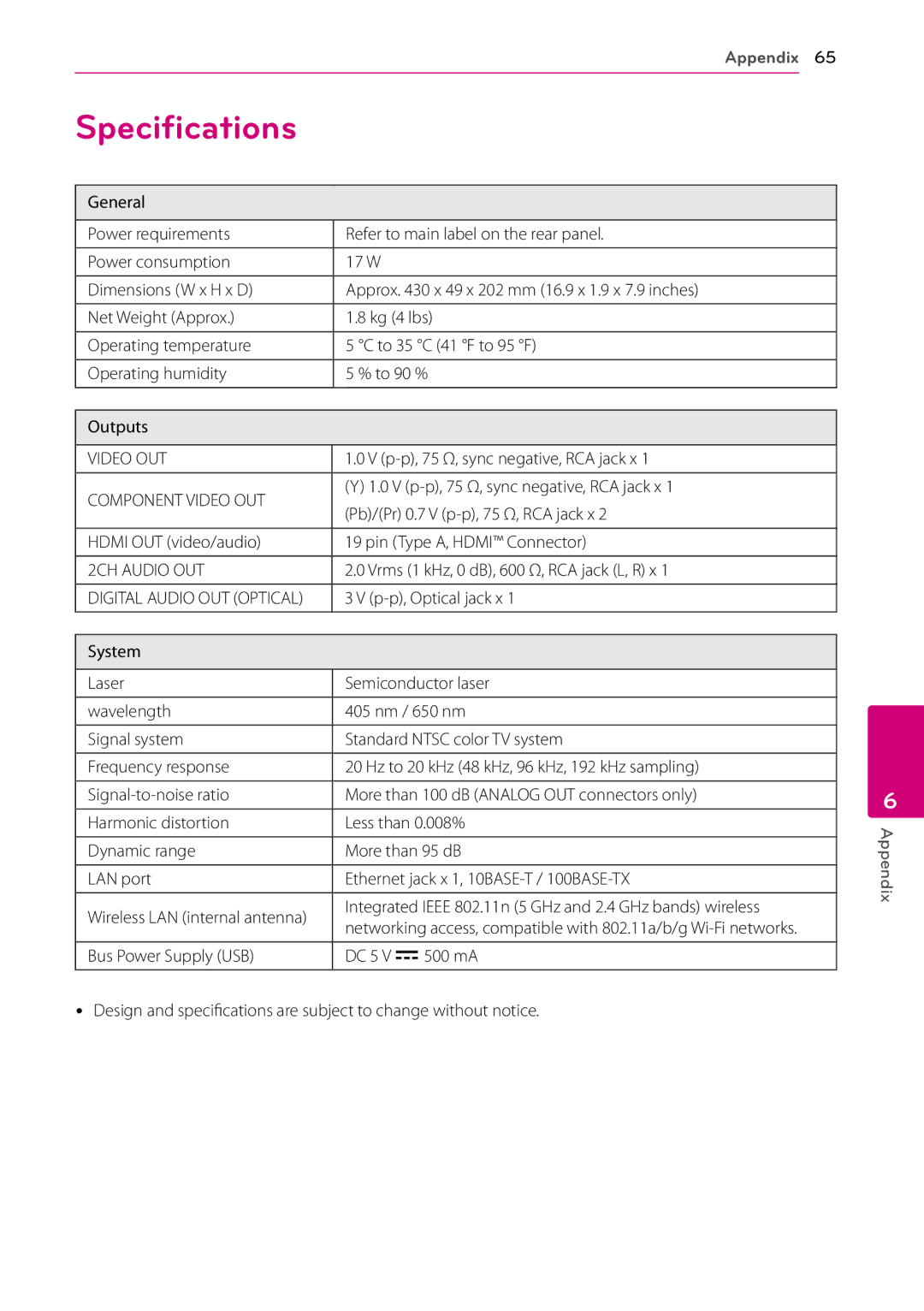 LG Electronics BD670 owner manual Specifications 