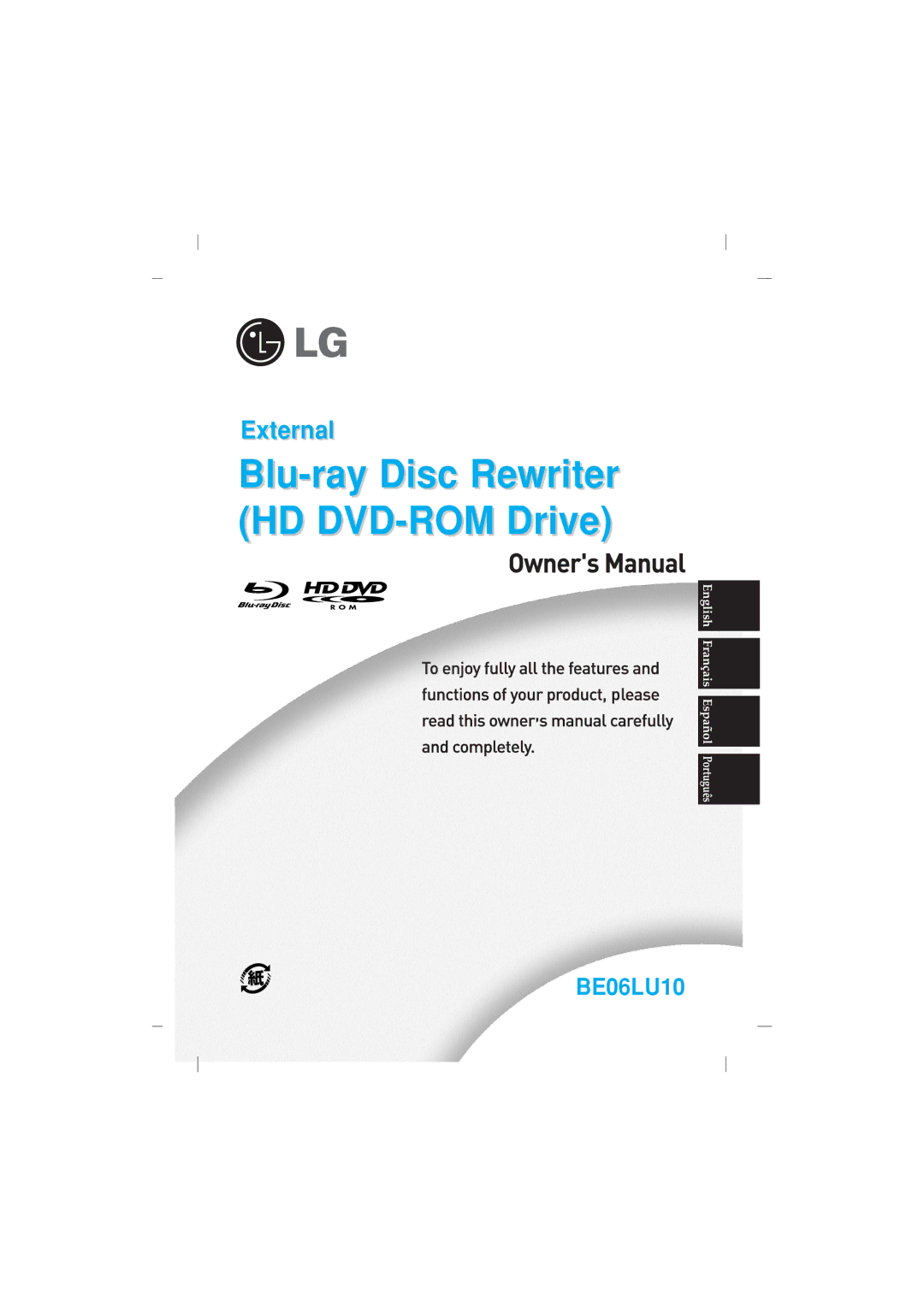 LG Electronics BE06LU10 manual Blu-ray Disc Rewriter HD DVD-ROM Drive 