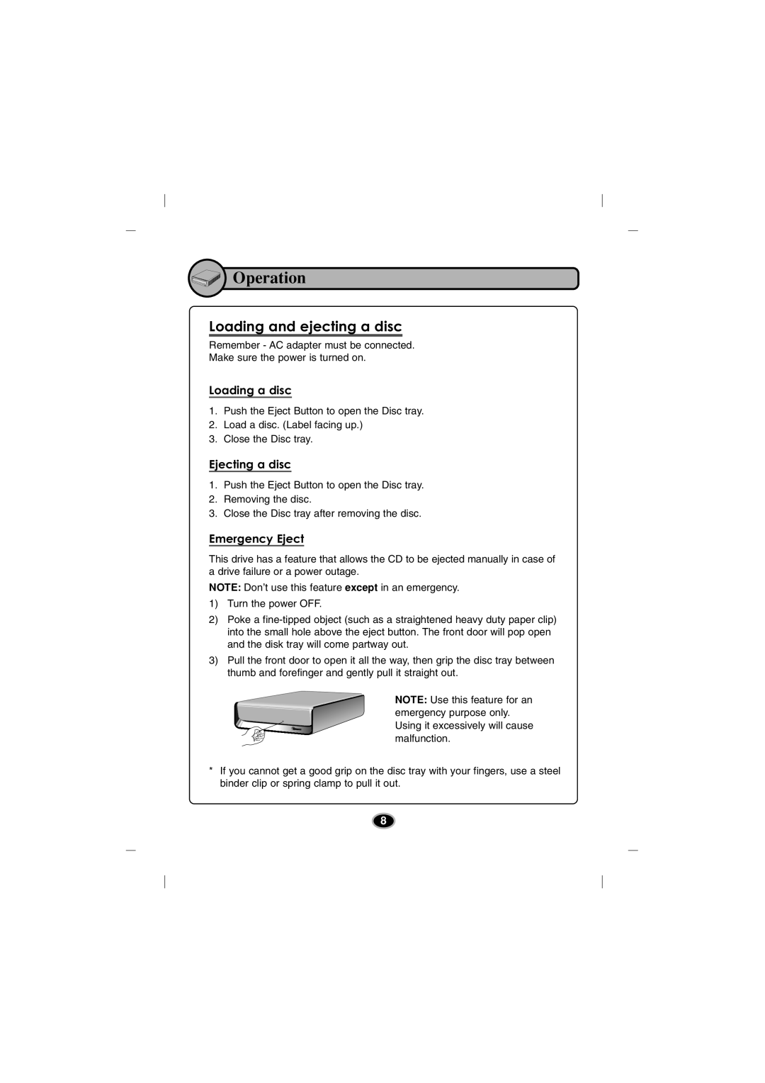 LG Electronics BE06LU10 manual Operation, Loading and ejecting a disc 