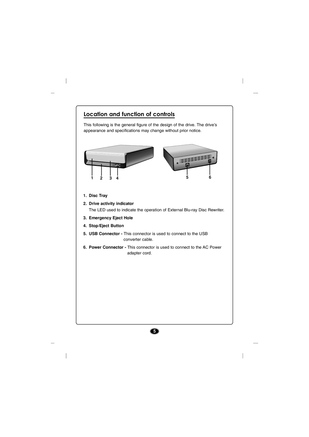 LG Electronics BE06LU10 manual Location and function of controls, Disc Tray Drive activity indicator 