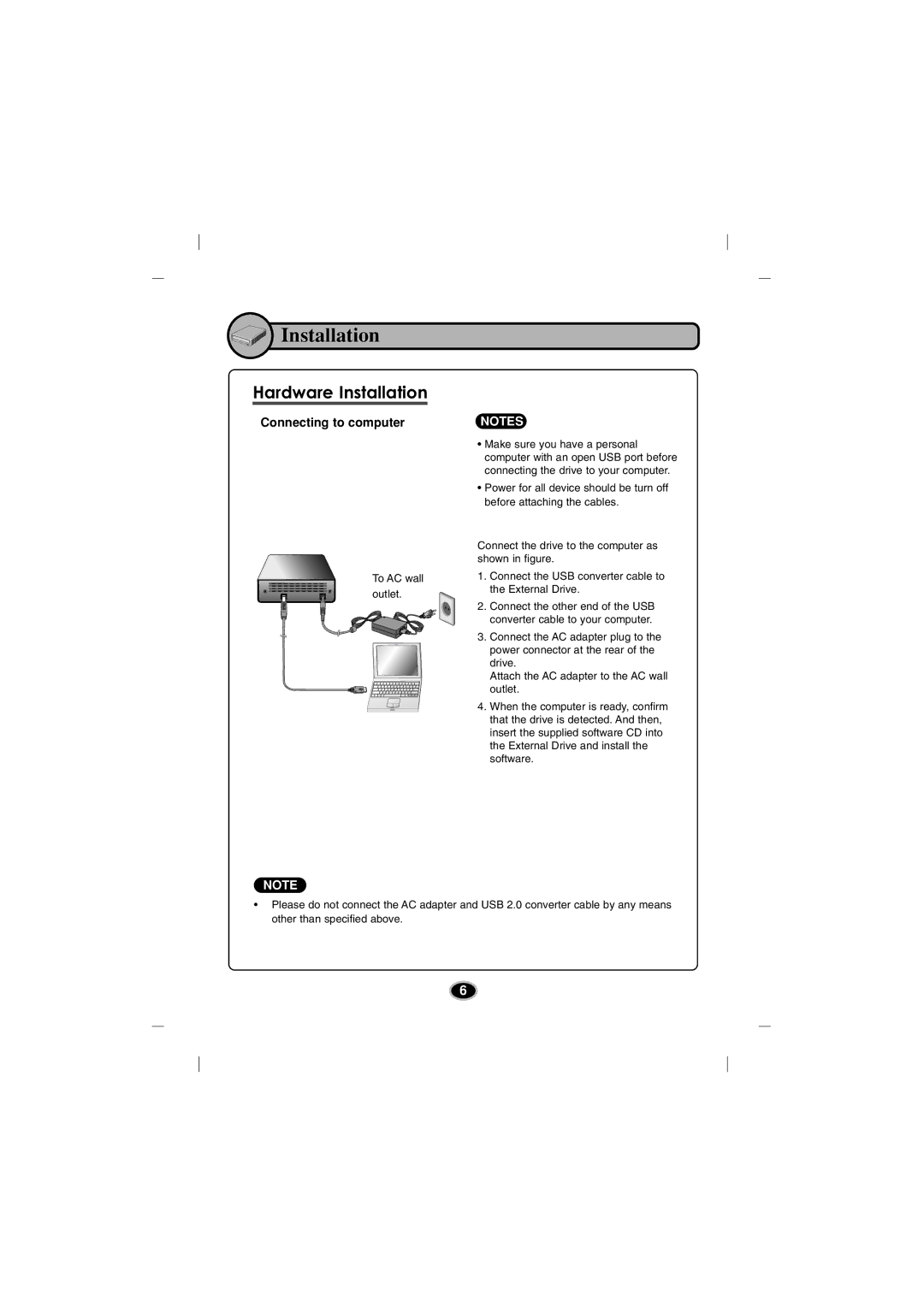 LG Electronics BE06LU10 manual Hardware Installation, Connecting to computer 