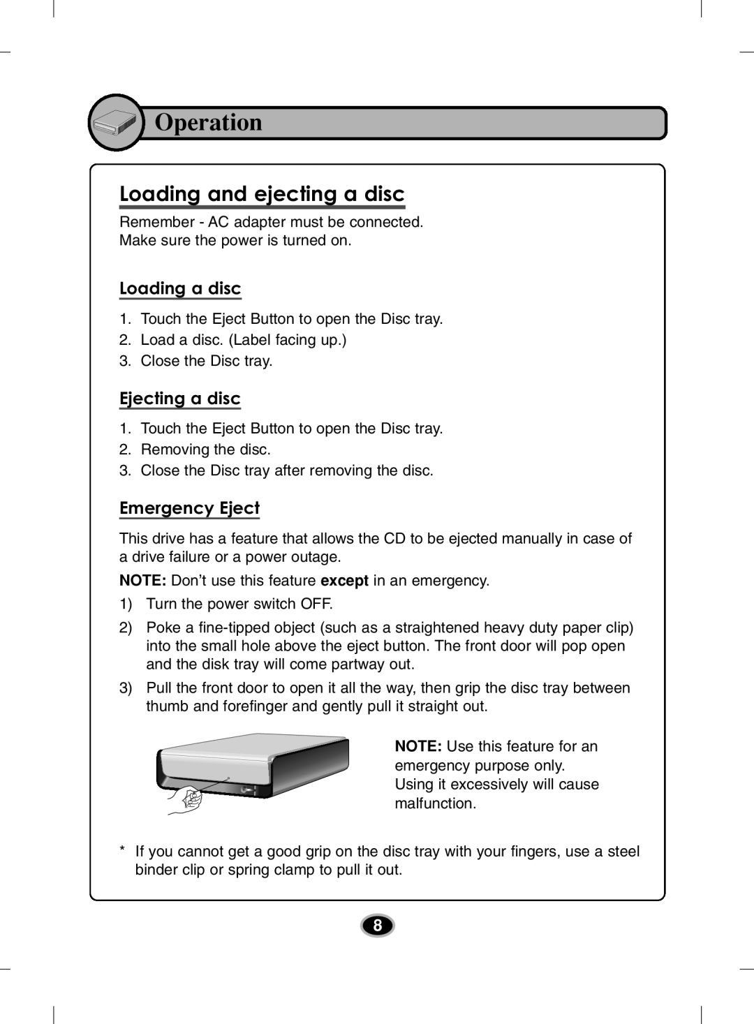 LG Electronics BE12LU30 owner manual Operation, Loading and ejecting a disc 