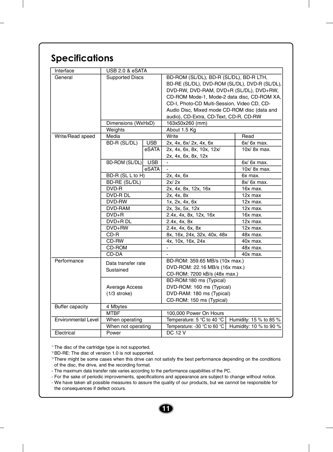 LG Electronics BE12LU30 owner manual Specifications, Dvd-Rw, Dvd-Ram, Dvd+R Sl/Dl, Dvd+Rw 