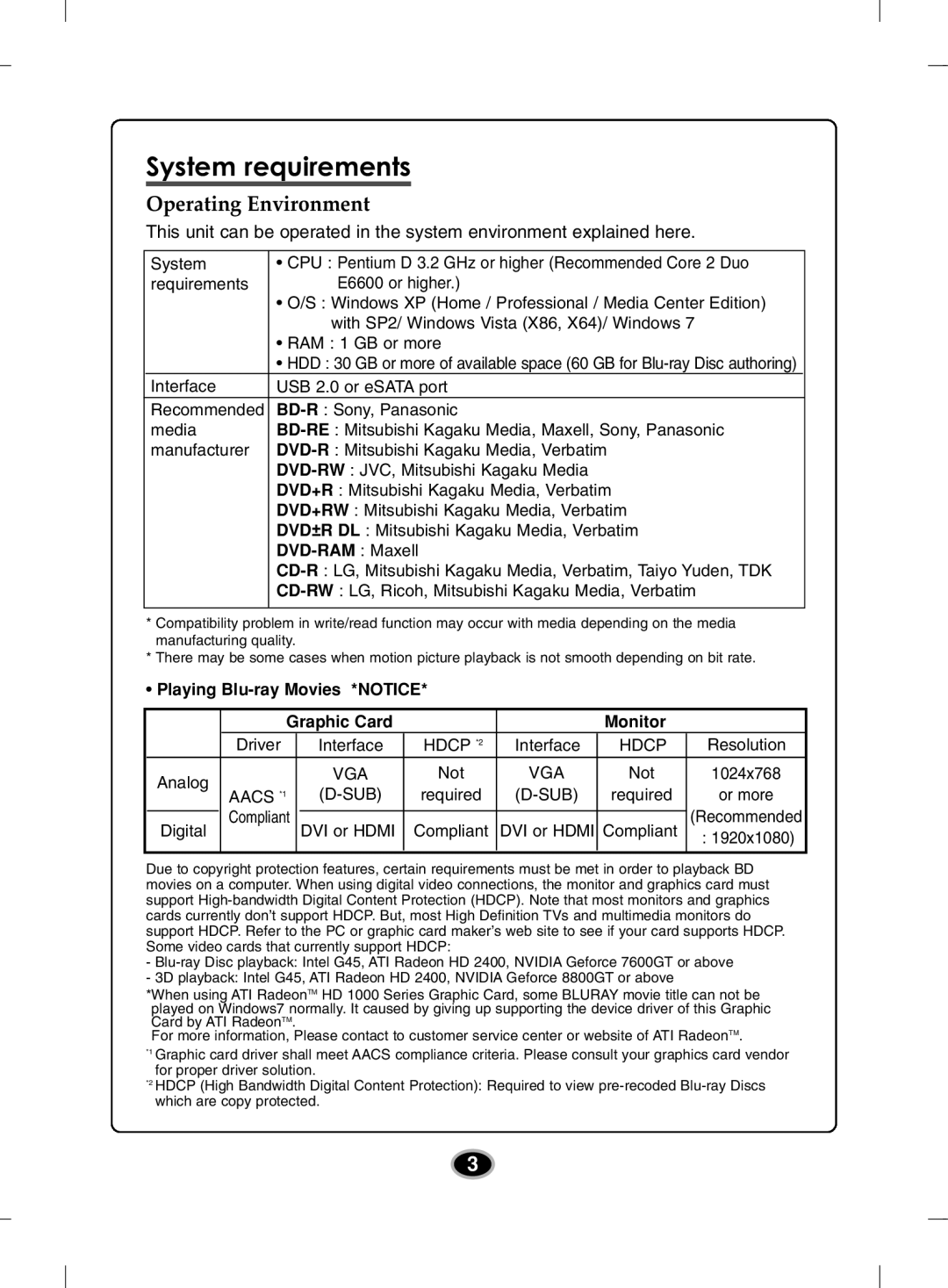 LG Electronics BE12LU30 owner manual System requirements, Operating Environment 