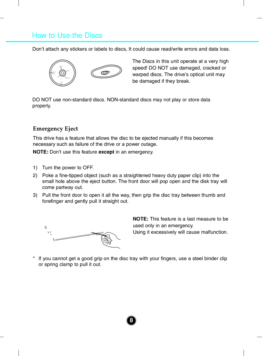 LG Electronics BH10 owner manual How to Use the Discs, Emergency Eject 