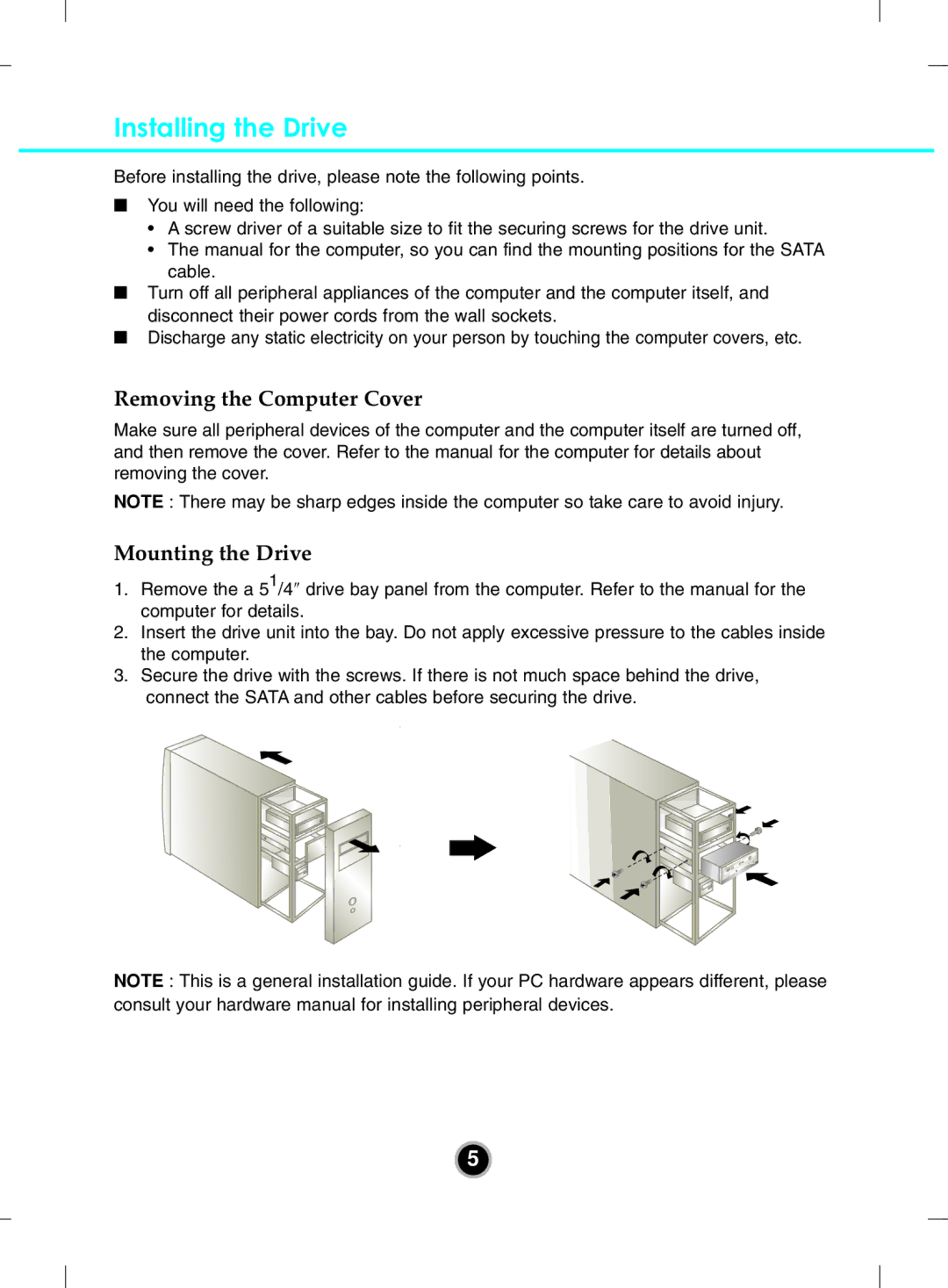 LG Electronics BH10 owner manual Installing the Drive, Removing the Computer Cover, Mounting the Drive 