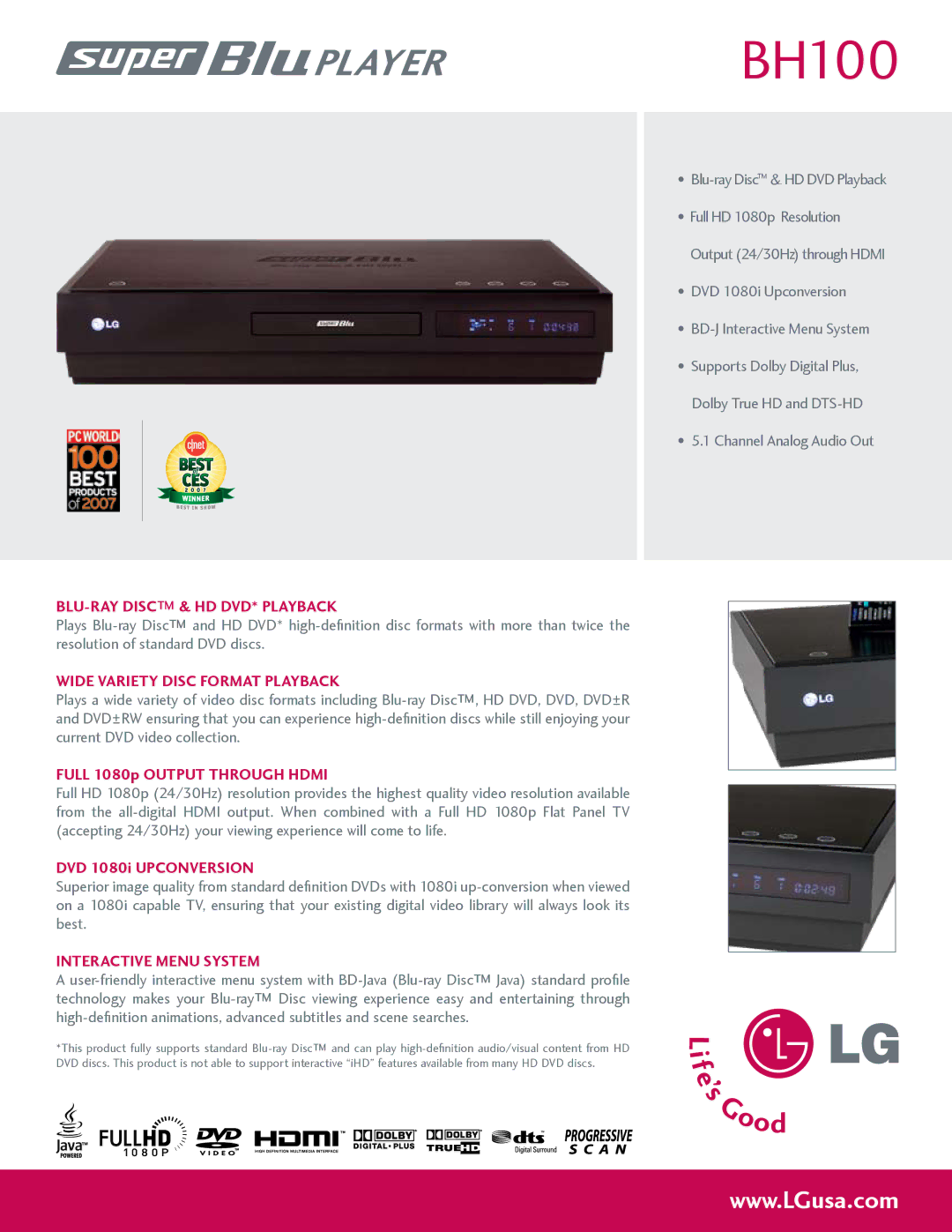 LG Electronics BH100 manual Blu-ray disc & hd dvd* Playback, Wide variety Disc Format Playback, Dvd 1080i upconversion 