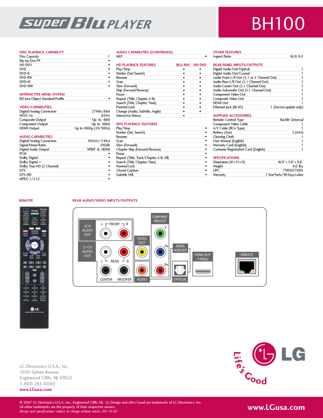 LG Electronics BH100 Disc PLAYback capability Audio capabilities Other features, Interactive menu system, Specifications 