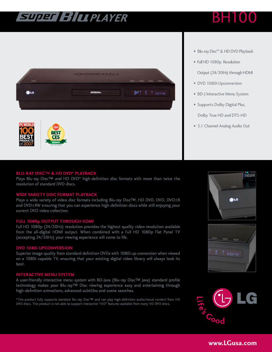 LG Electronics BH100 manual blu-ray disc & hd dvd* PLAYBACK, WIDE variety DISC FORMAT PLAYBACK, dvd 1080i upconversion 
