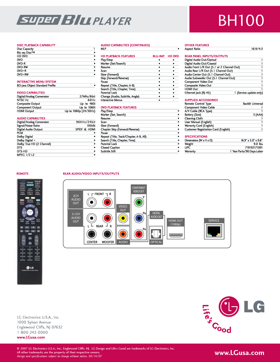 LG Electronics BH100 L Front R, OUT 5.1CH AUDIO OUT, L Rear R Center Woofer, Video Out Audio, Videoout, Y Pb Pr, Service 