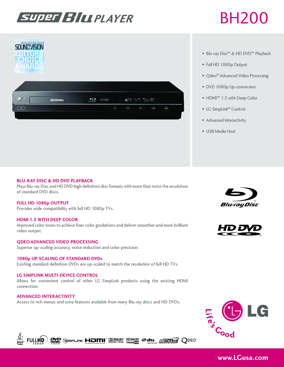 LG Electronics BH200 manual Blu-ray disc & hd dvd Playback, Full HD 1080p output, Hdmi 1.3 with deep Color 