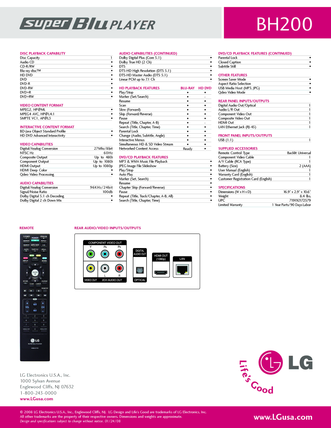 LG Electronics BH200 Other features, Hd playback features Blu-ray Hd dvd, Rear panel inputs/outputs Video content format 