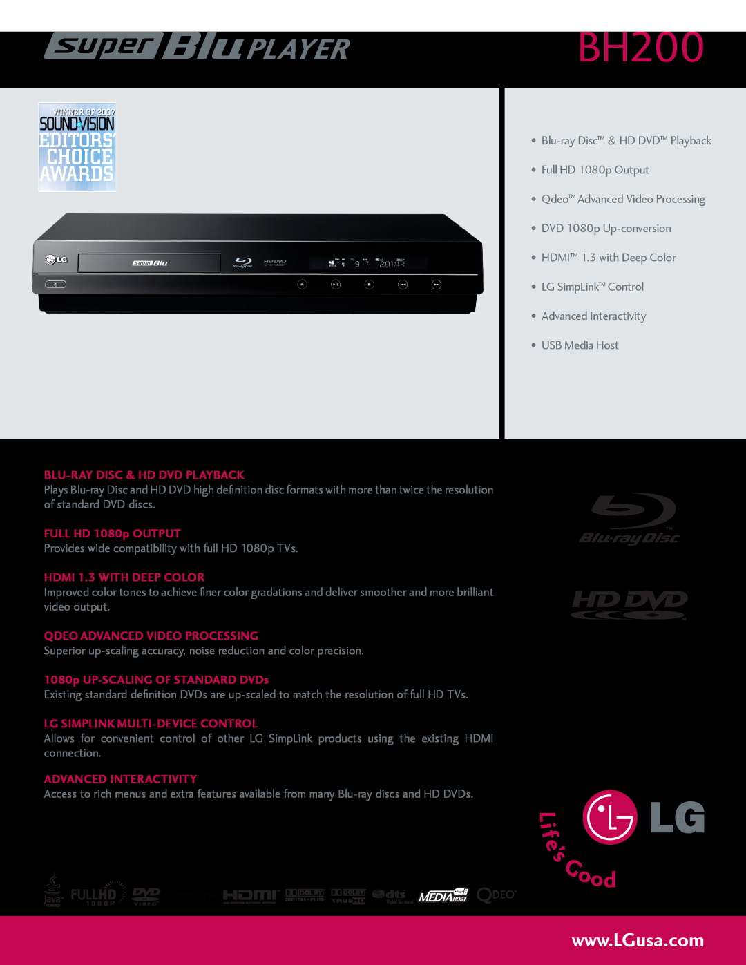 LG Electronics BH200 manual blu-ray disc & hd dvd PLAYBACK, Full HD 1080p output, HDMI 1.3 with deep Color 