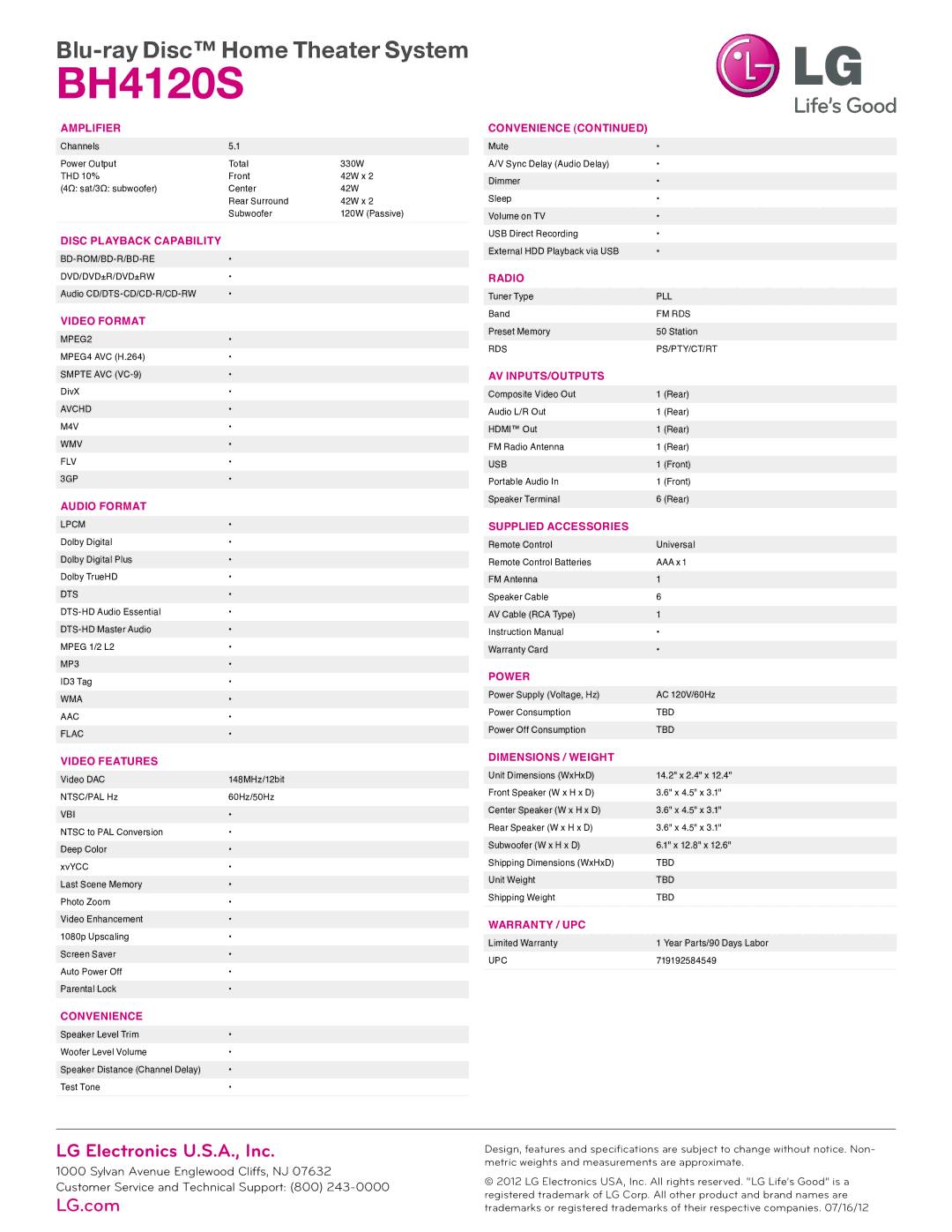 LG Electronics BH4120S manual Amplifier, Disc Playback Capability, Video Format, Audio Format, Video Features, Radio, Power 