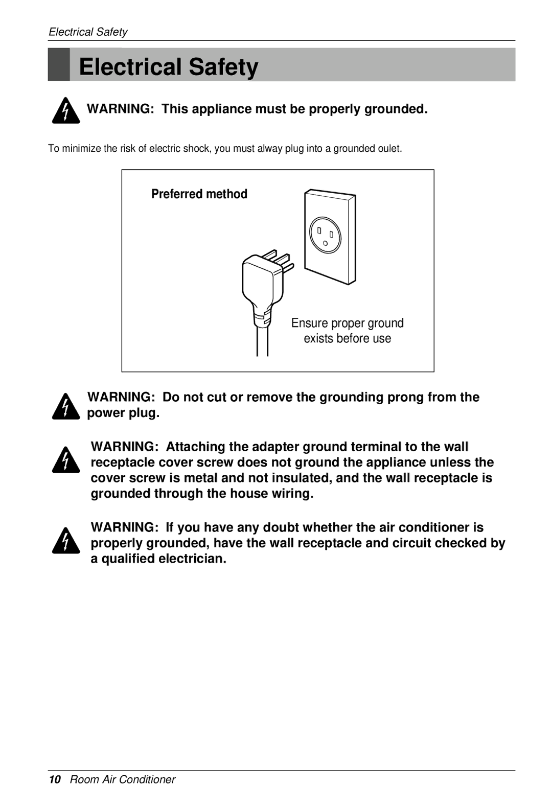 LG Electronics BKE 7630 NS G owner manual Electrical Safety, Preferred method 