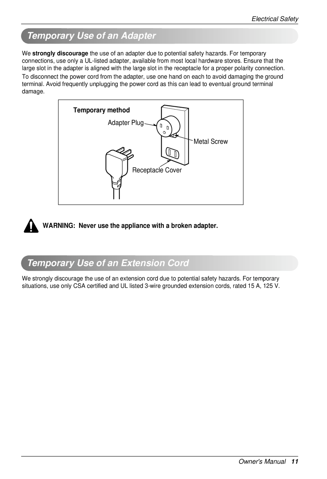 LG Electronics BKE 7630 NS G owner manual Temporary Use of an Adapter, Temporary Use of an Extension Cord, Temporary method 