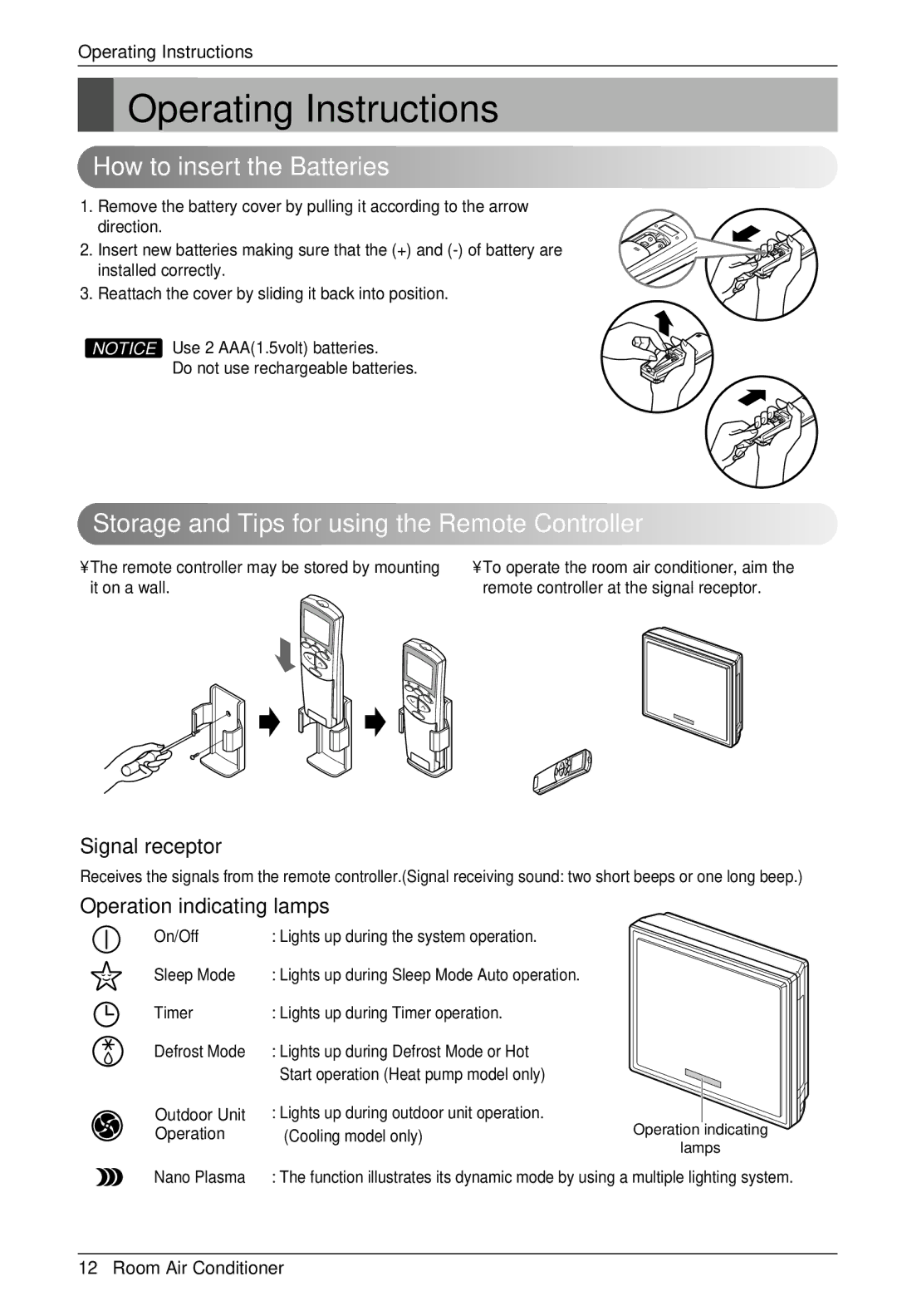 LG Electronics BKE 7630 NS G owner manual Operating Instructions, How to insert the Batteries, Signal receptor 